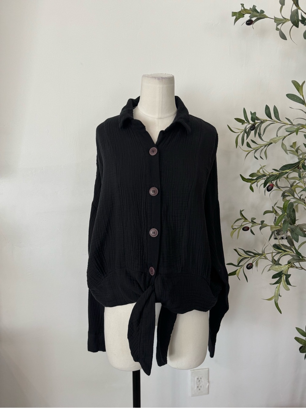 Free People Black Cotton Gauze Tie Front Button Down Top XS Boho